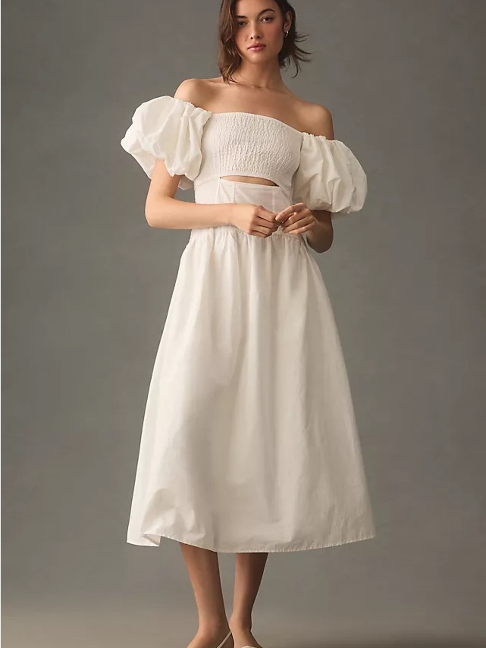 Moon River White Off-Shoulder Puff Sleeve Midi Dress